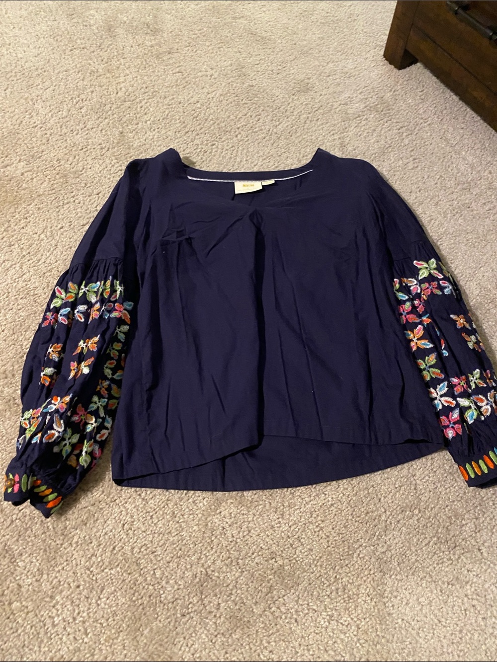 Anthropologie Navy Peasant Blouse with Multicolor Embroidered Sleeves